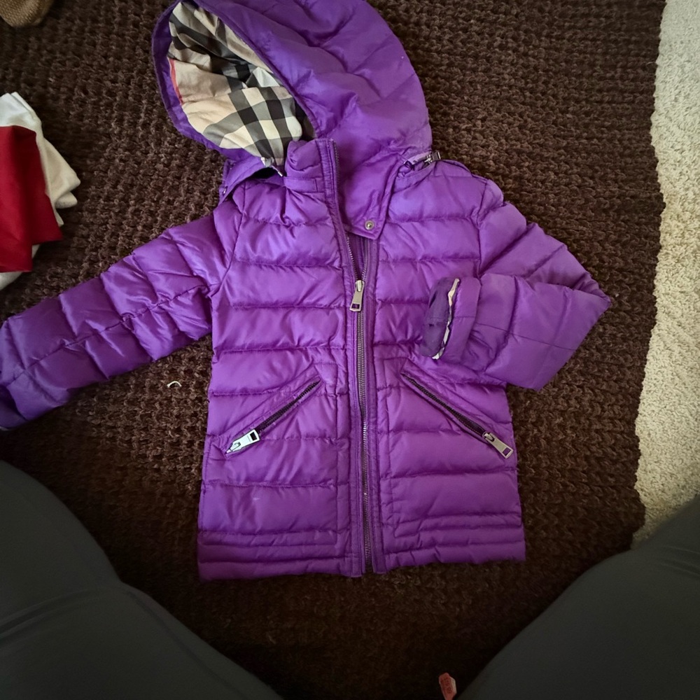 Burberry Purple Hooded Quilted Jacket with Classic Check Lining